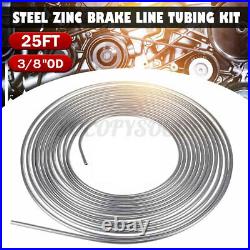 25 Foot Coil Roll of 3/8 OD Steel Zinc Silver Brake Fuel Line Hose Tubing Kit