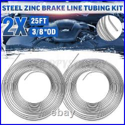 2pcs 25ft Coil Roll of 3/8 OD Steel Zinc Silver Brake Fuel Line Hose Tubing Kit
