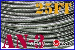 AN-3 AN3 3AN (1/8) Stainless Steel Braided Fuel Hose Oil Brake Line 25ft
